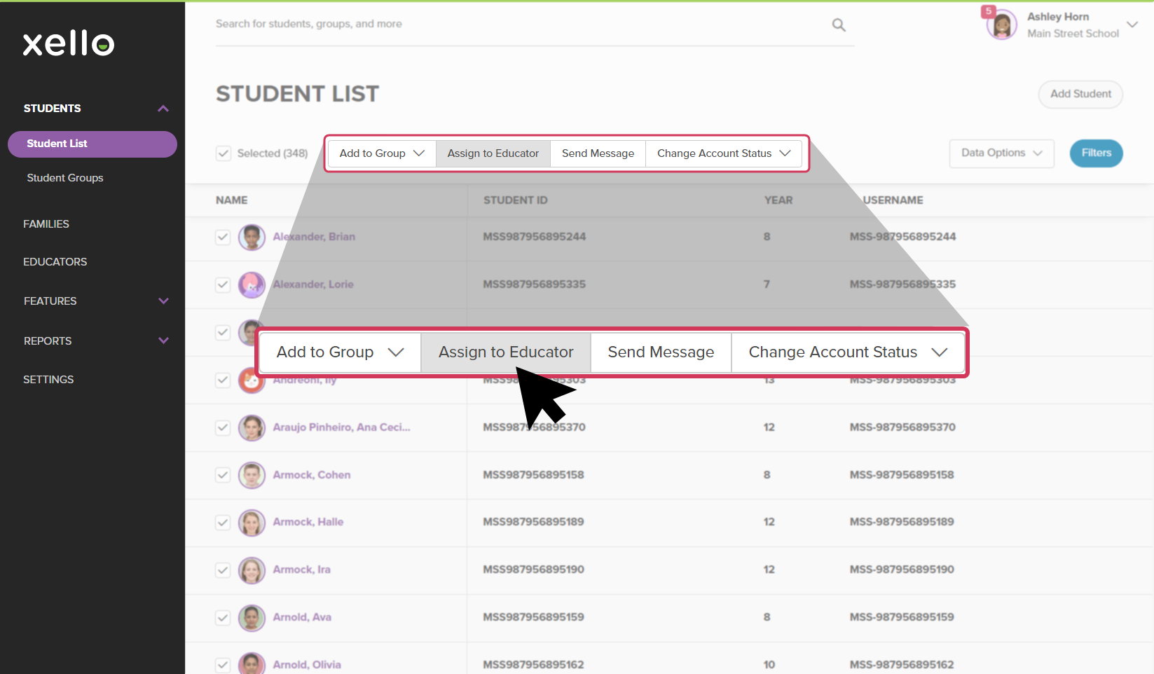 Student list in Xello open. Assign to Educator button highlighted
